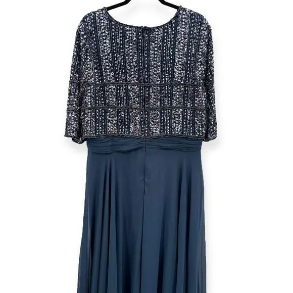 Mac Duggal NEW Chiffon Gown w/ Fully Beaded 3/4 Sleeve Top Navy $598 - Size 18 - Picture 10 of 13